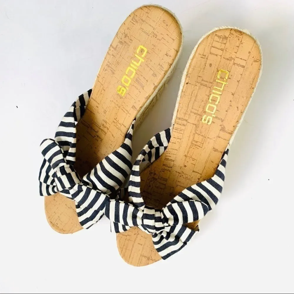 CHICOS BLUE CREAM NAUTICAL ESPADRILLE WEDGE SANDAL